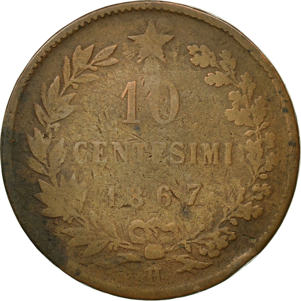 Moneda, Italia, Vittorio Emanuele II, 10 Centesimi, 1867, Birmingham, BC+
