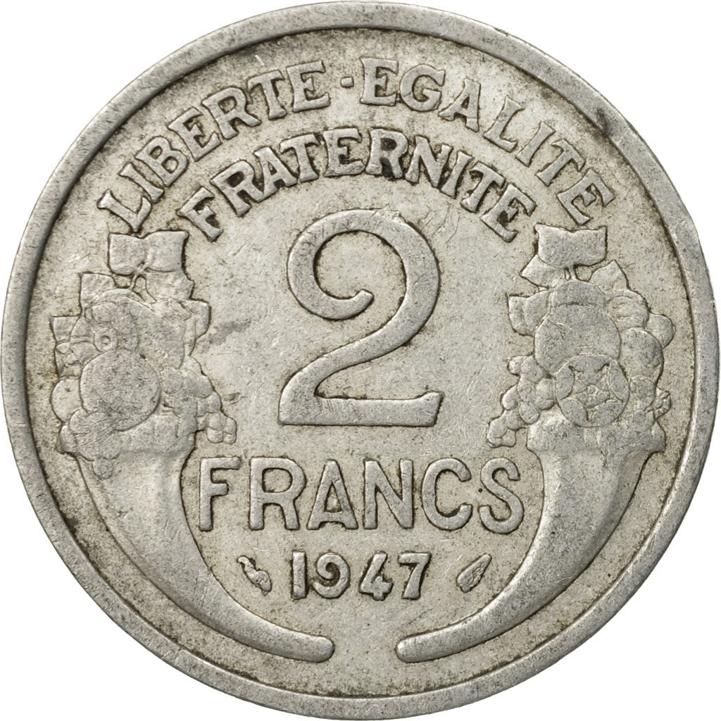 Moneda, Francia, Morlon, 2 Francs, 1947, Paris, BC+, Aluminio, KM:886a.1