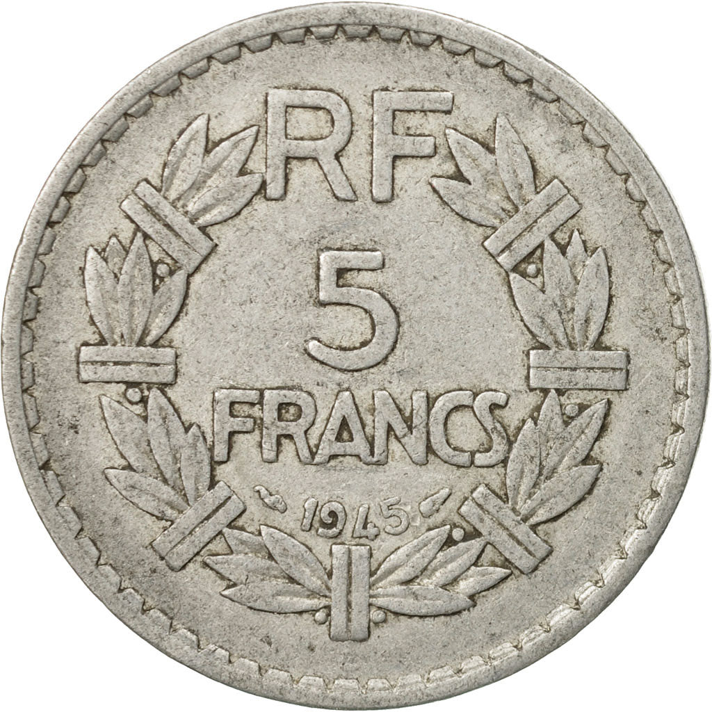 Moneda, Francia, Lavrillier, 5 Francs, 1945, Paris, BC+, Aluminio, KM:888b.1