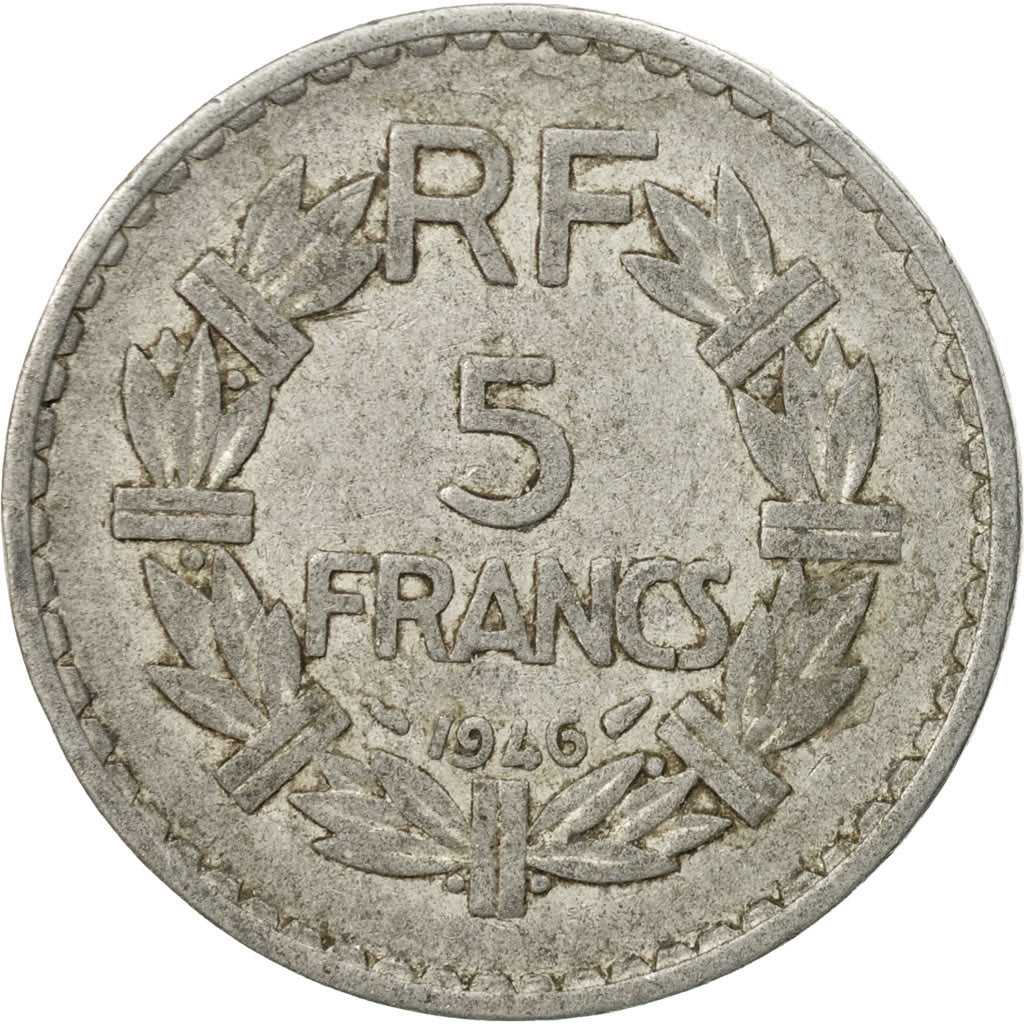 Moneda, Francia, Lavrillier, 5 Francs, 1946, Paris, BC+, Aluminio, KM:888b.1