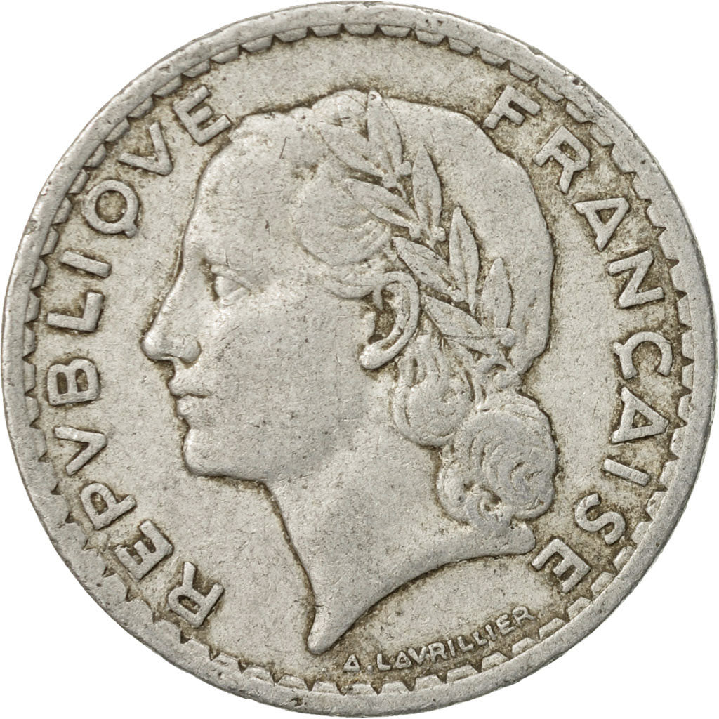 Moneda, Francia, Lavrillier, 5 Francs, 1947, Beaumont - Le Roger, BC+, Aluminio