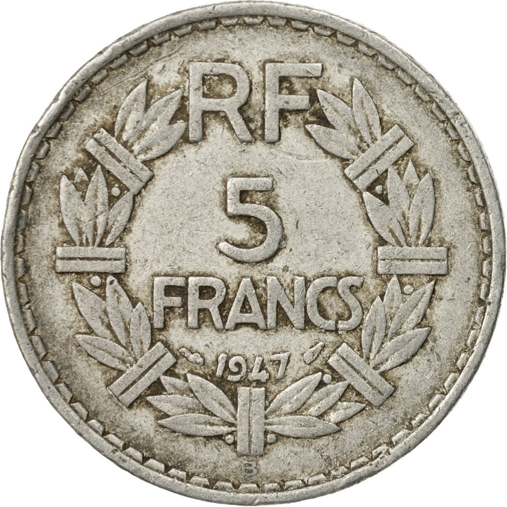 Moneda, Francia, Lavrillier, 5 Francs, 1947, Beaumont - Le Roger, BC+, Aluminio