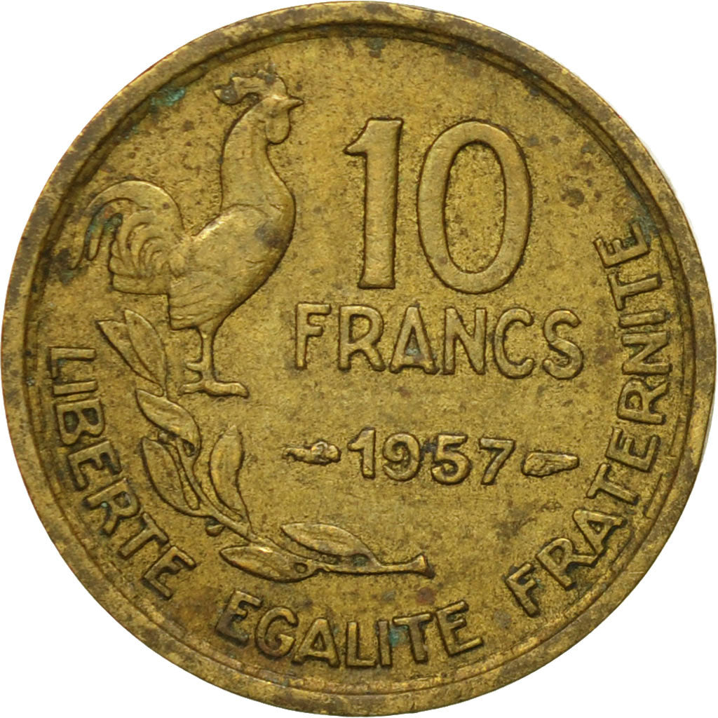 Moneda, Francia, Guiraud, 10 Francs, 1957, Paris, BC+, Aluminio - bronce