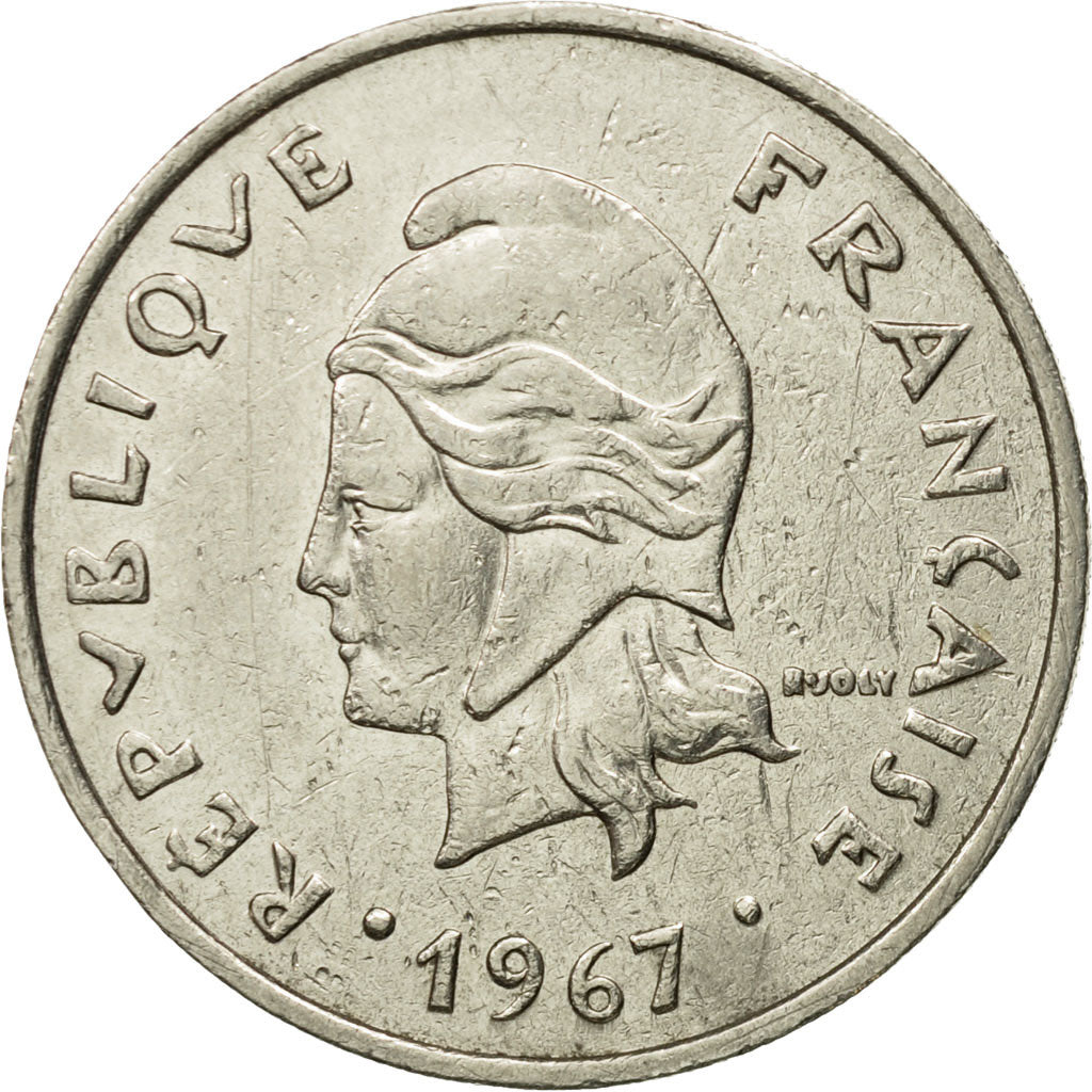 Moneda, Nueva Caledonia, 20 Francs, 1967, Paris, BC+, Níquel, KM:6
