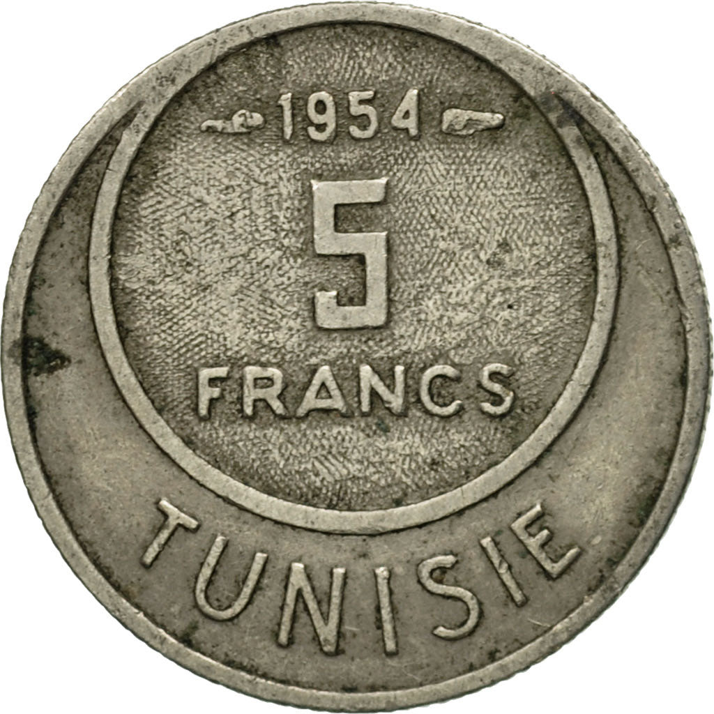 Coin, Tunisia, Muhammad al-Amin Bey, 5 Francs, 1954, Paris, VF(30-35)