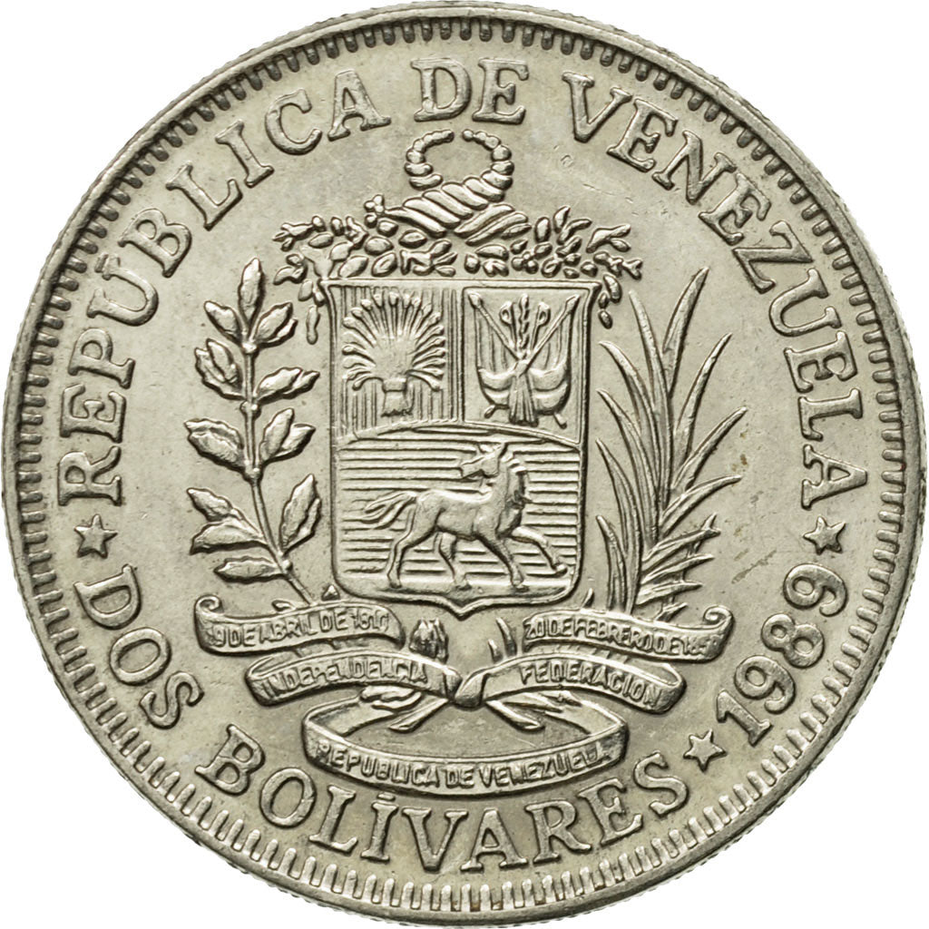 Münze, Venezuela, 2 Bolivares, 1989, SS, Nickel Clad Steel, KM:43a.1