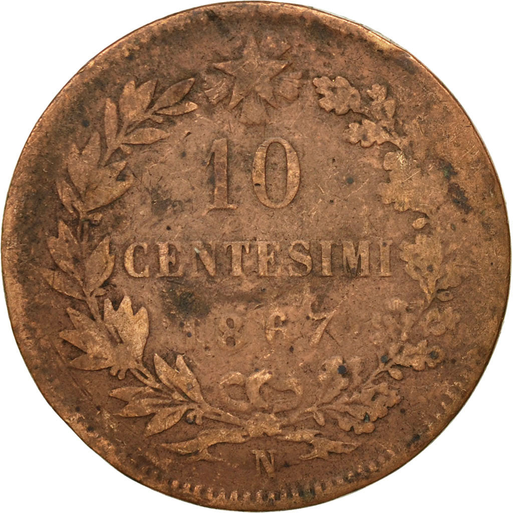 Coin, Italy, Vittorio Emanuele II, 10 Centesimi, 1867, Naples, VF(20-25)