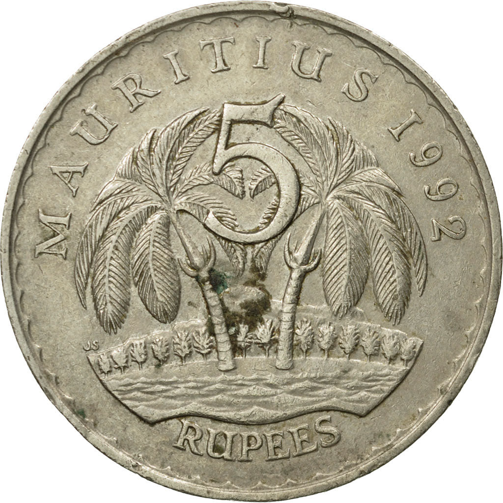 Coin, Mauritius, 5 Rupees, 1992, VF(30-35), Copper-nickel, KM:56