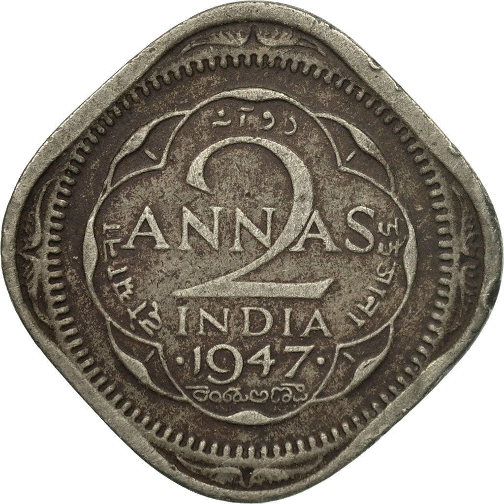 Moneda, INDIA BRITÁNICA, George VI, 2 Annas, 1947, BC+, Cobre - níquel, KM:542