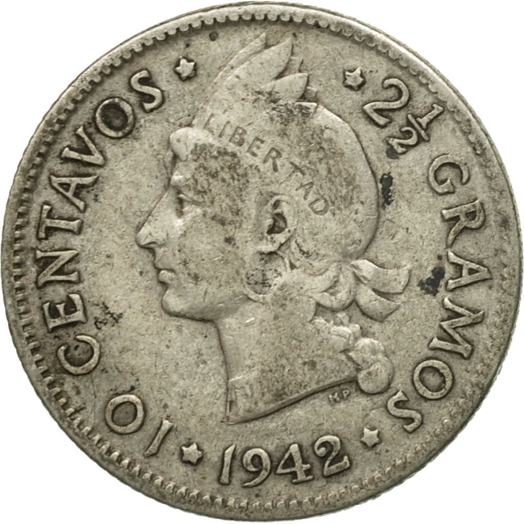 Moneda, República Dominicana, 10 Centavos, 1942, BC+, Plata, KM:19