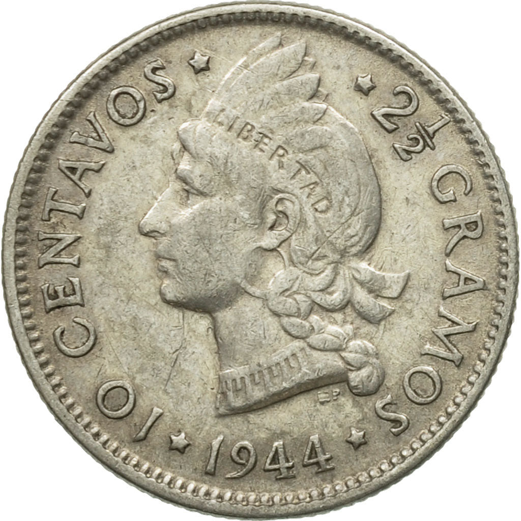 Moneta, Repubblica domenicana, 10 Centavos, 1944, BB, Argento, KM:19