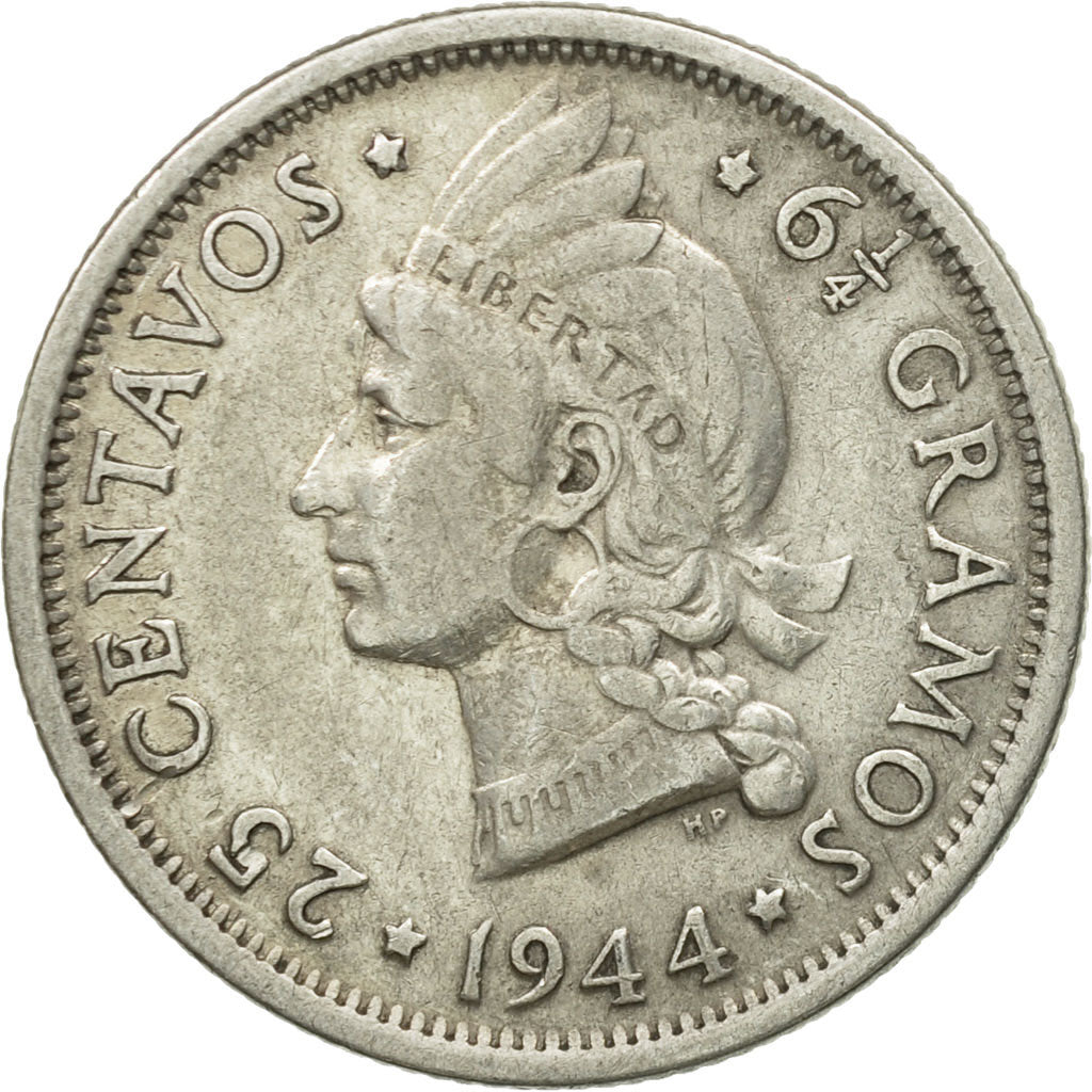 Münze, Dominican Republic, 25 Centavos, 1944, SS, Silber, KM:20
