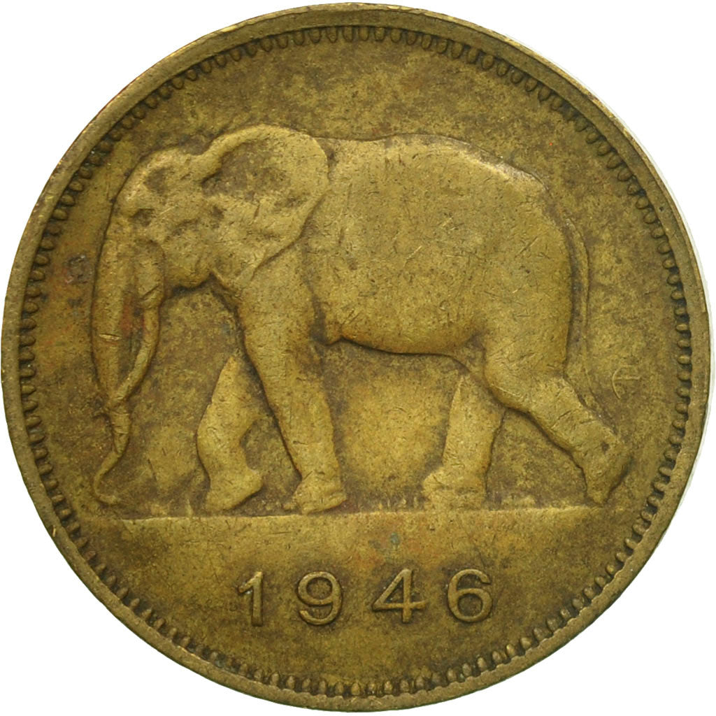 Moneda, Congo belga, 2 Francs, 1946, BC+, Latón, KM:28