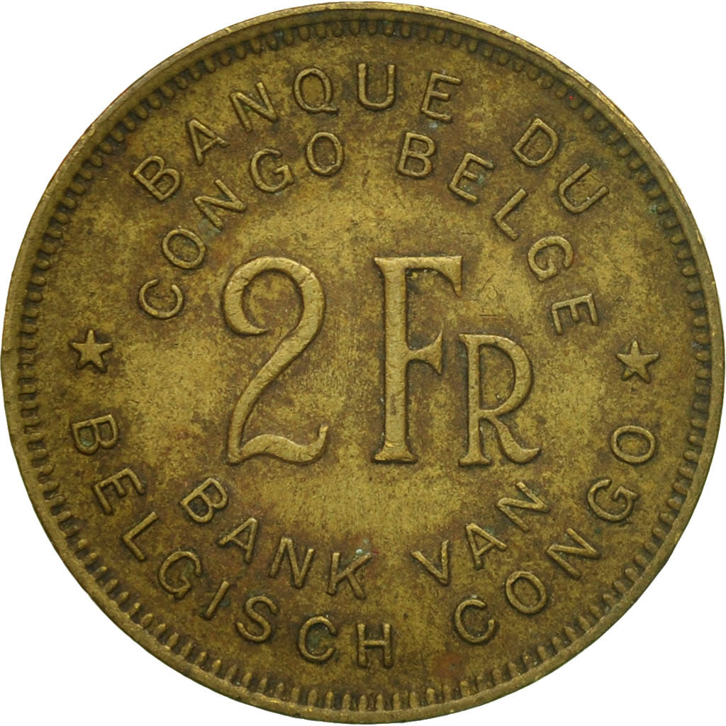 Moneda, Congo belga, 2 Francs, 1946, BC+, Latón, KM:28