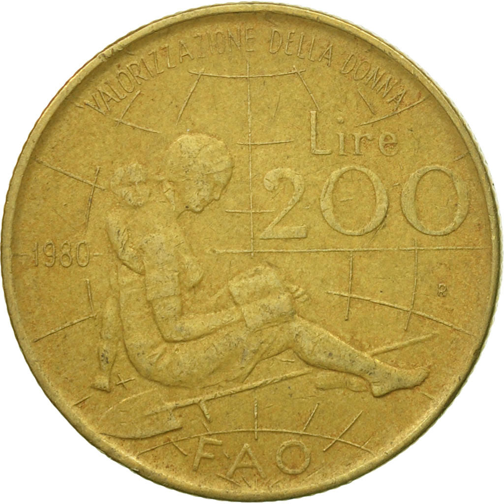 Coin, Italy, 200 Lire, 1980, Rome, VF(30-35), Aluminum-Bronze, KM:107