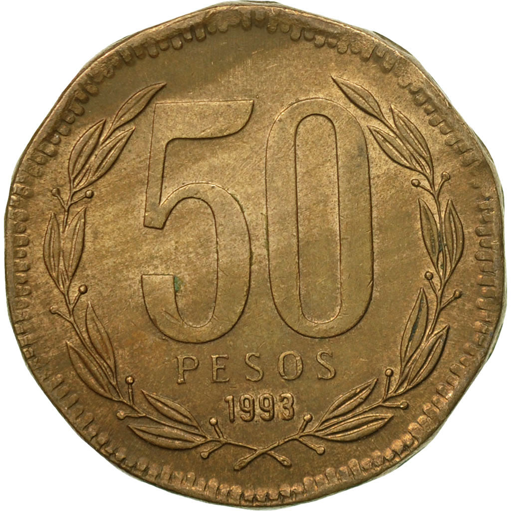 Coin, Chile, 50 Pesos, 1993, VF(30-35), Aluminum-Bronze, KM:219.2
