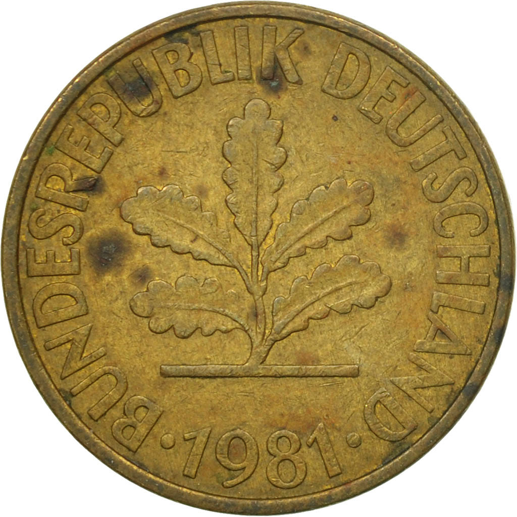 Coin, GERMANY - FEDERAL REPUBLIC, 10 Pfennig, 1981, Karlsruhe, VF(20-25), Brass