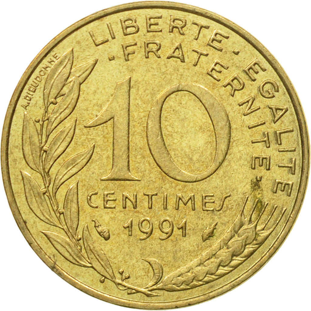 Moneda, Francia, Marianne, 10 Centimes, 1991, Paris, MBC, Aluminio - bronce