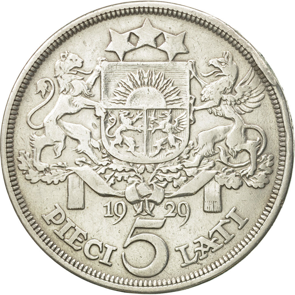 Moneda, Letonia, 5 Lati, 1929, MBC, Plata, KM:9