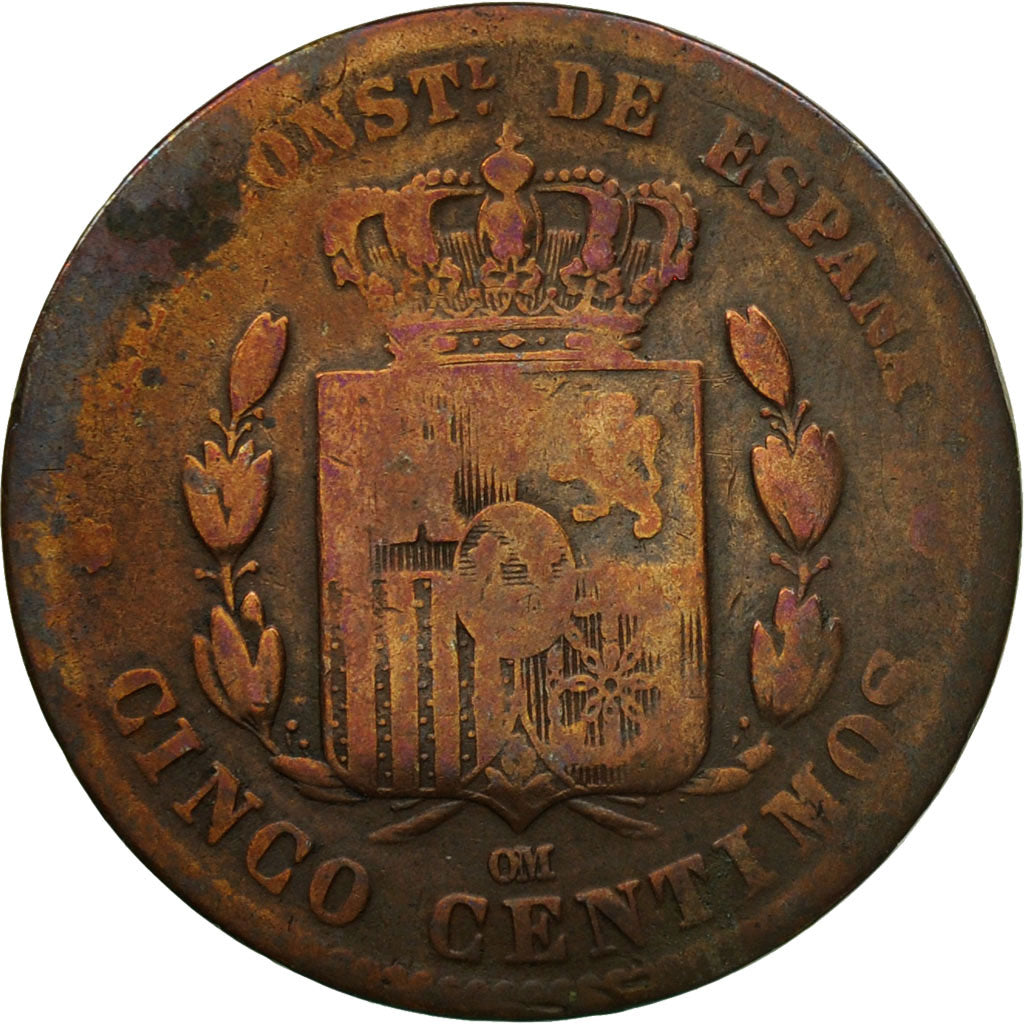 Coin, Spain, Alfonso XII, 5 Centimos, 1877, Madrid, VF(20-25), Bronze, KM:674