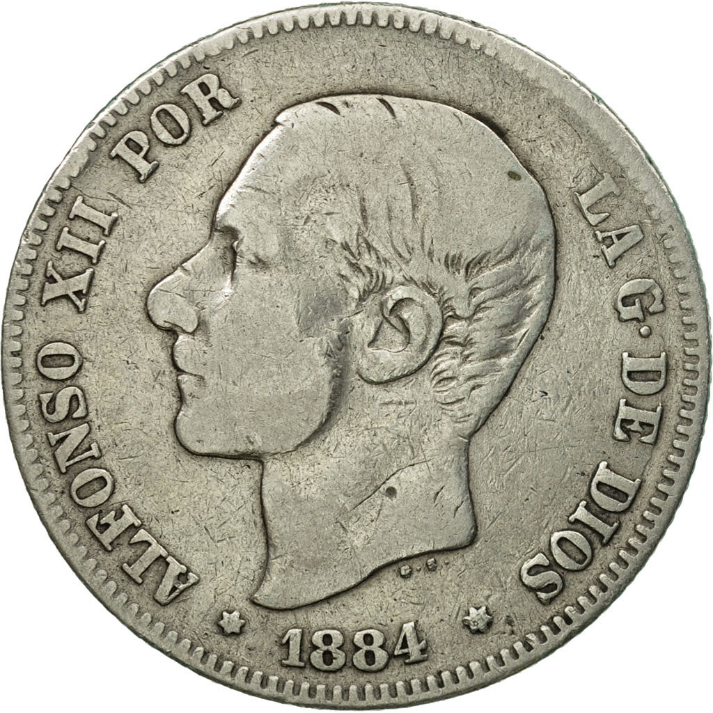Moneda, España, Alfonso XII, 2 Pesetas, 1884, Madrid, BC+, Plata, KM:678.2