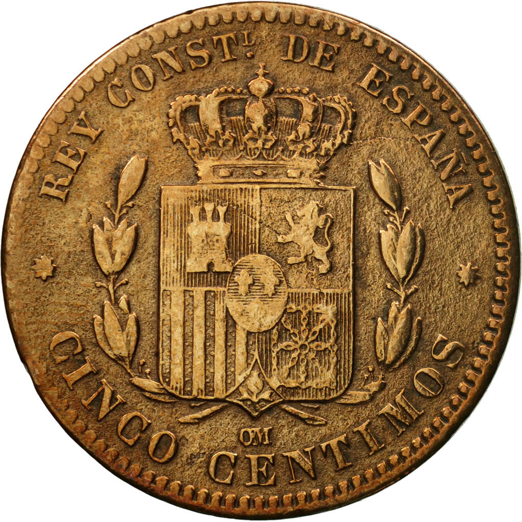 Coin, Spain, Alfonso XII, 5 Centimos, 1879, Madrid, AU(50-53), Bronze, KM:674