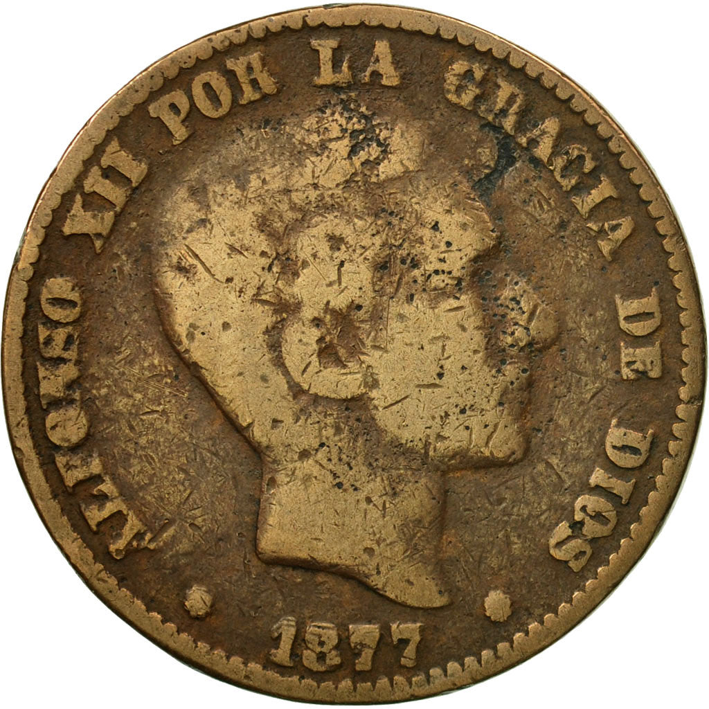 Moneda, España, Alfonso XII, 10 Centimos, 1877, Madrid, BC+, Bronce, KM:675