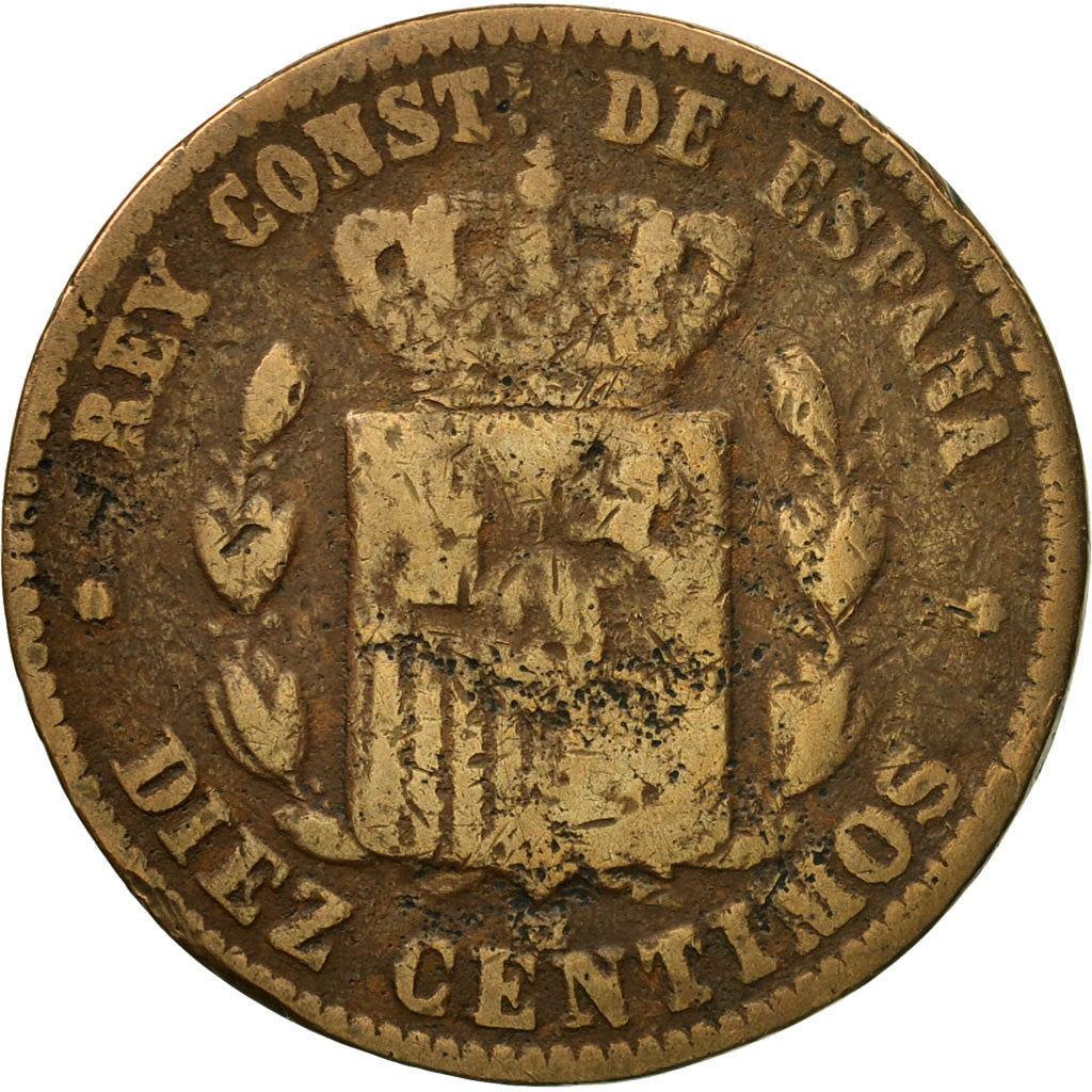Moneda, España, Alfonso XII, 10 Centimos, 1877, Madrid, BC+, Bronce, KM:675