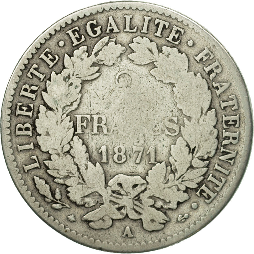 Coin, France, Cérès, 2 Francs, 1871, Paris, VF(20-25), Silver, KM:817.1