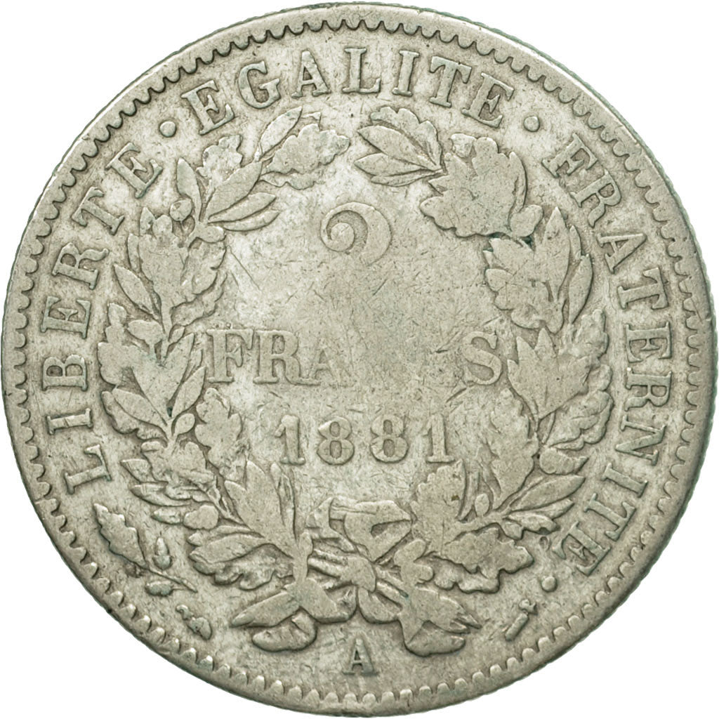 Coin, France, Cérès, 2 Francs, 1881, Paris, VF(20-25), Silver, KM:817.1