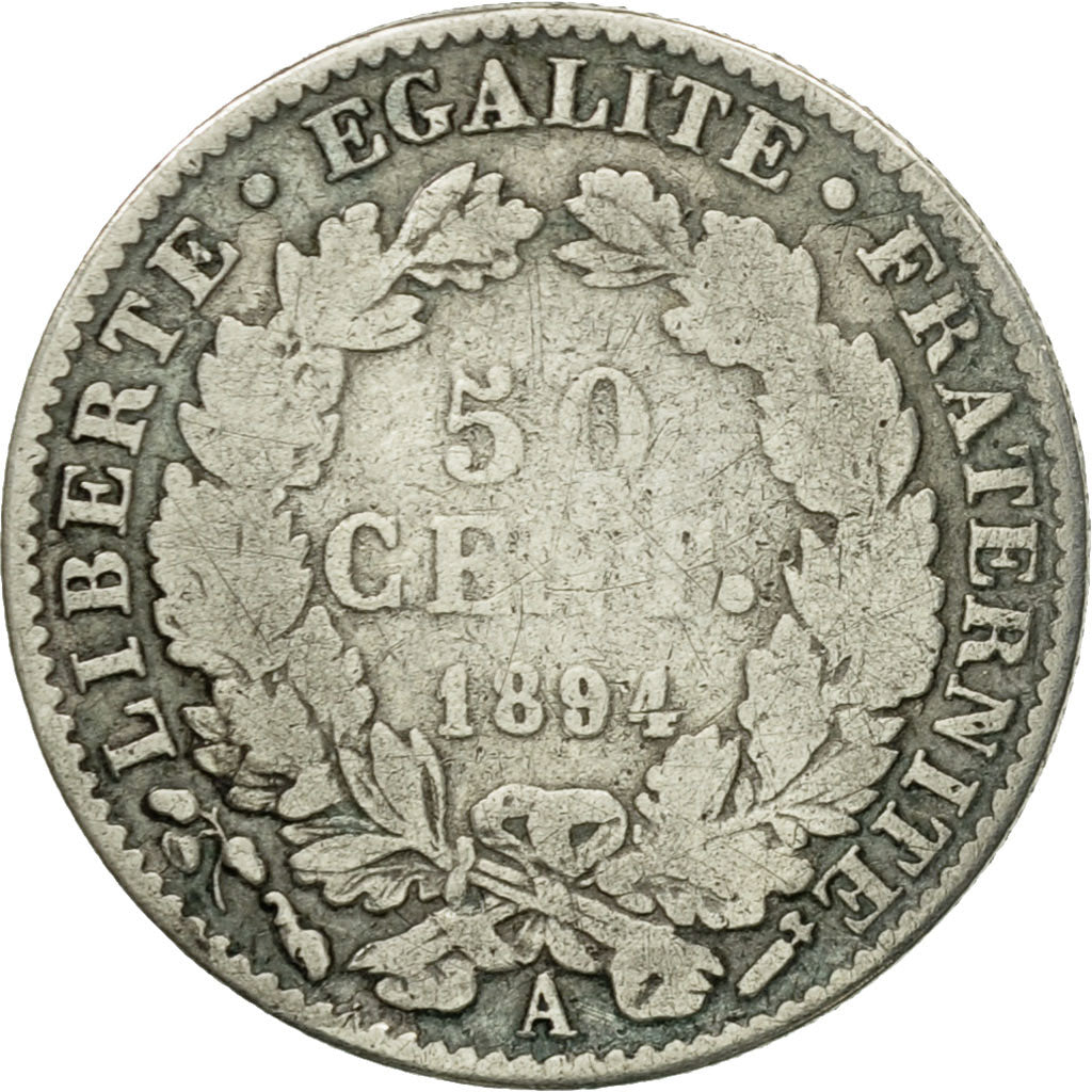 Moneda, Francia, Cérès, 50 Centimes, 1894, Paris, BC+, Plata, KM:834.1