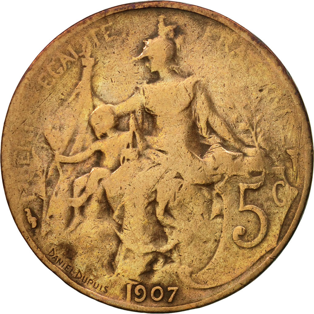 Moneda, Francia, Dupuis, 5 Centimes, 1907, Paris, BC+, Bronce, KM:842