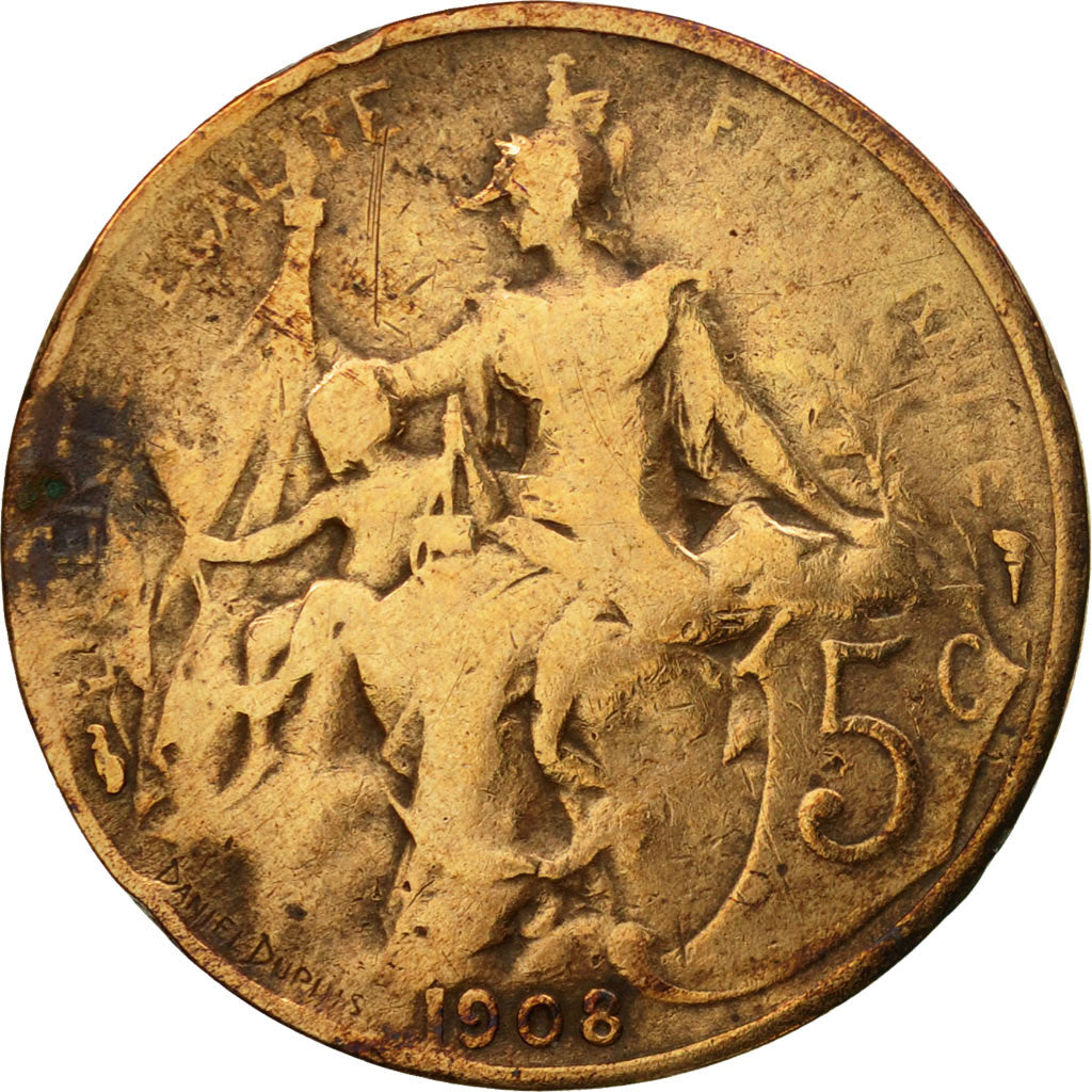 Moneda, Francia, Dupuis, 5 Centimes, 1908, Paris, BC+, Bronce, KM:842