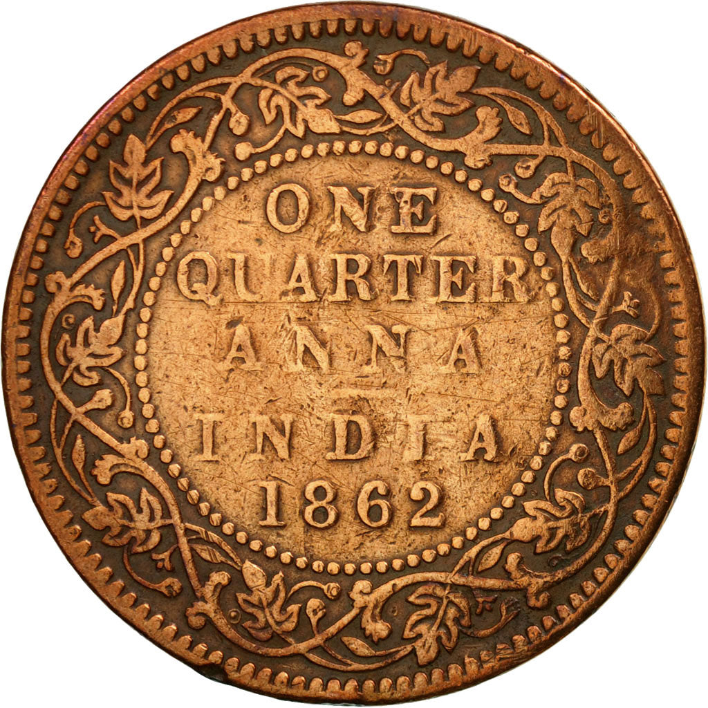 Moneda, INDIA BRITÁNICA, Victoria, 1/4 Anna, 1862, BC+, Cobre, KM:467