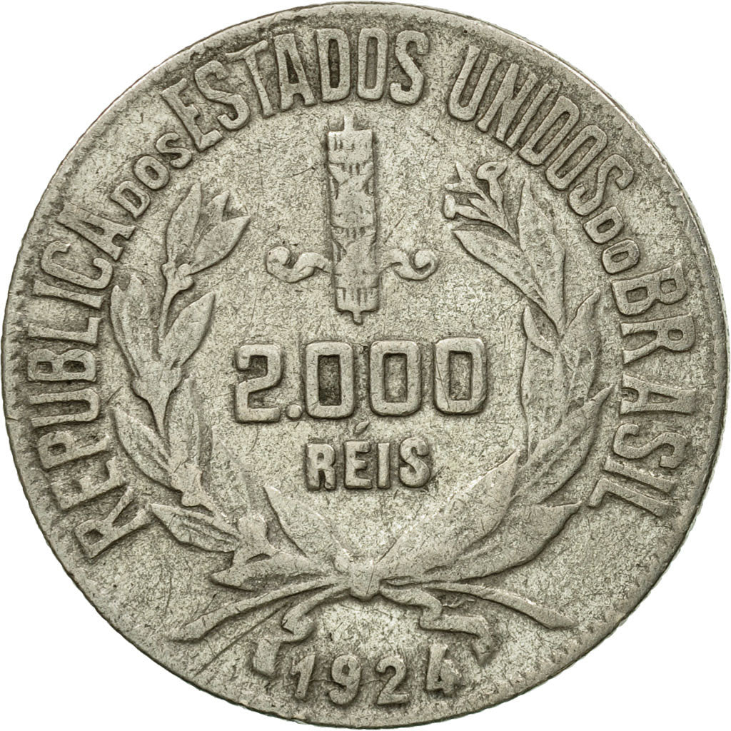 Moneda, Brasil, 2000 Reis, 1924, BC+, Plata, KM:526
