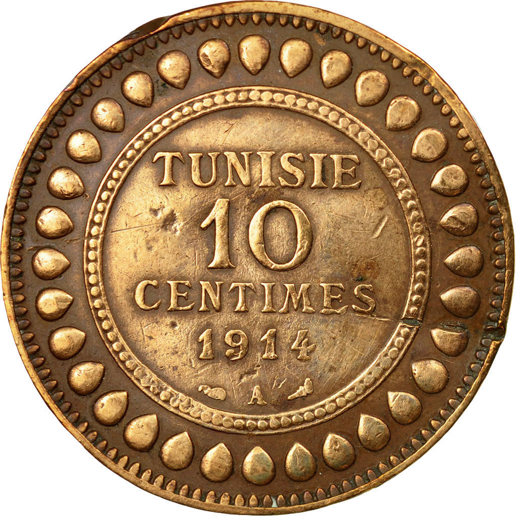 Moneta, Tunisia, Muhammad al-Nasir Bey, 10 Centimes, 1914, Paris, VF(20-25)