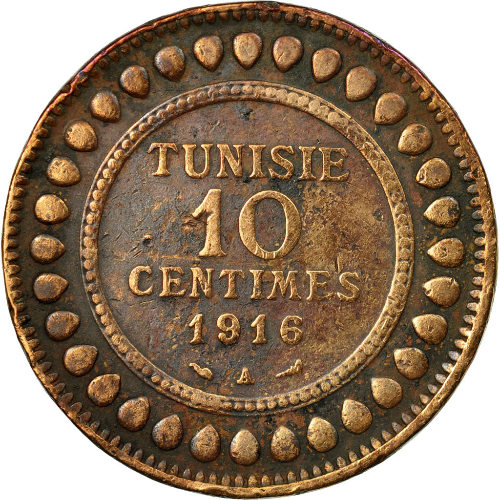 Coin, Tunisia, Muhammad al-Nasir Bey, 10 Centimes, 1916, Paris, VF(20-25)