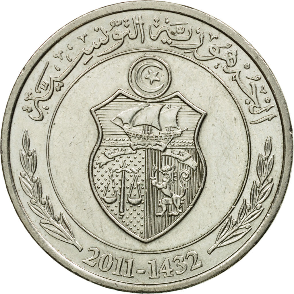 Münze, Tunesien, 1/2 Dinar, 2011, Paris, SS, Copper-nickel, KM:346