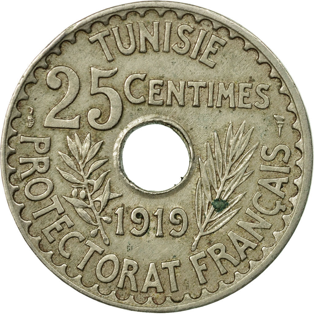 Coin, Tunisia, Muhammad al-Nasir Bey, 25 Centimes, 1919, Paris, VF(30-35)