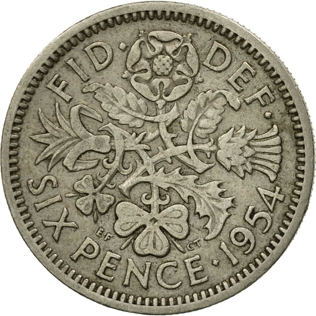 Coin, Great Britain, Elizabeth II, 6 Pence, 1954, VF(30-35), Copper-nickel