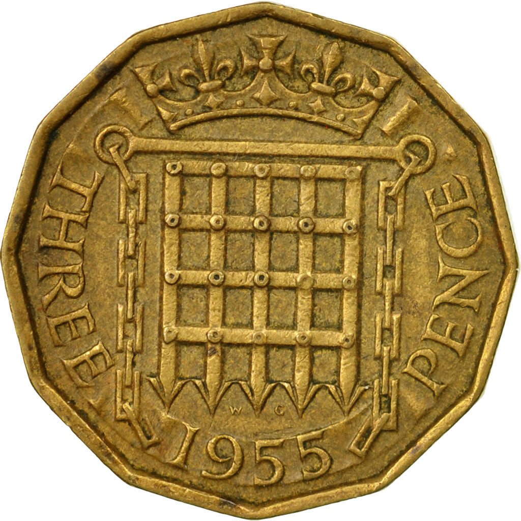 Coin, Great Britain, Elizabeth II, 3 Pence, 1955, VF(30-35), Nickel-brass