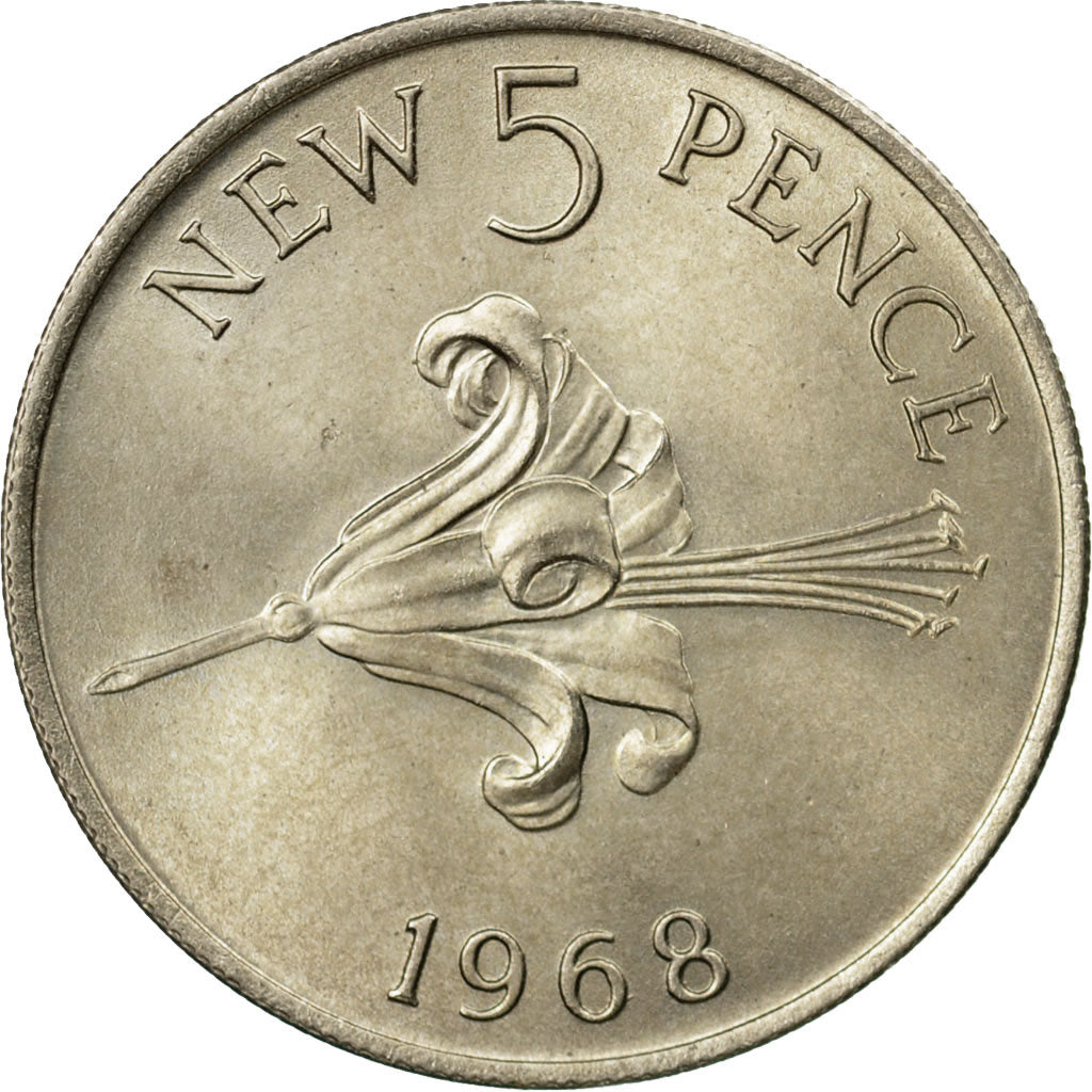 Moneta, Guernsey, Elizabeth II, 5 New Pence, 1968, Heaton, BB, Rame-nichel