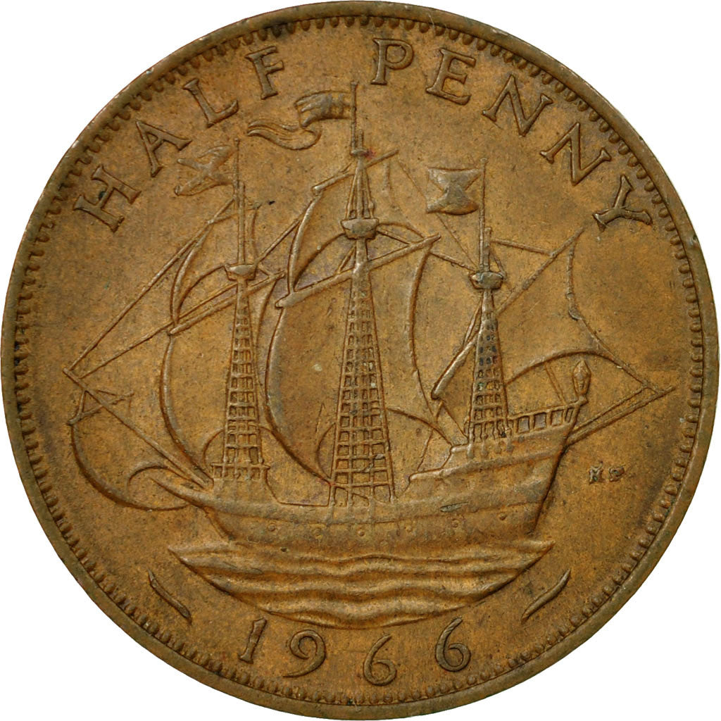 Moneda, Gran Bretaña, Elizabeth II, 1/2 Penny, 1966, BC+, Bronce, KM:896
