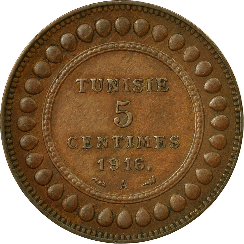 Moneda, Túnez, Muhammad al-Nasir Bey, 5 Centimes, 1916, Paris, BC+, Bronce