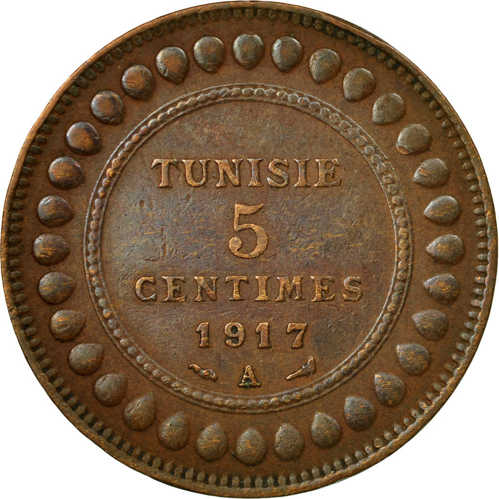 Moneta, Tunisia, Muhammad al-Nasir Bey, 5 Centimes, 1917, Paris, VF(20-25)