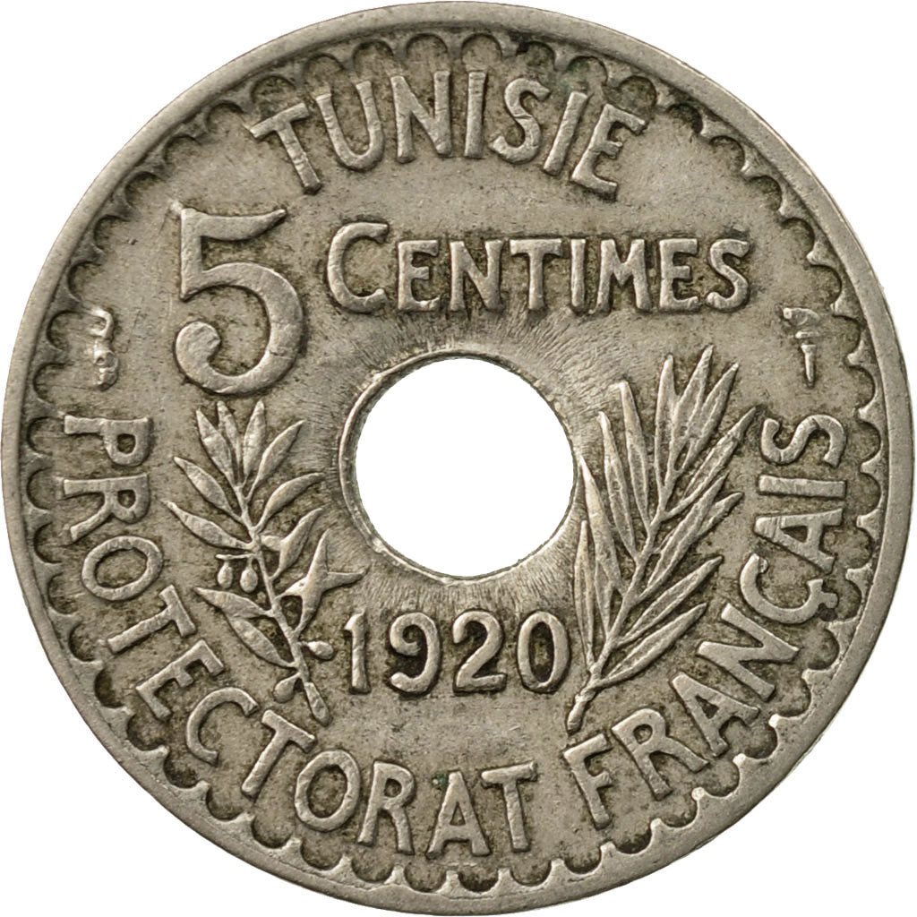 Moneta, Tunisia, Muhammad al-Nasir Bey, 5 Centimes, 1920, Paris, MB+