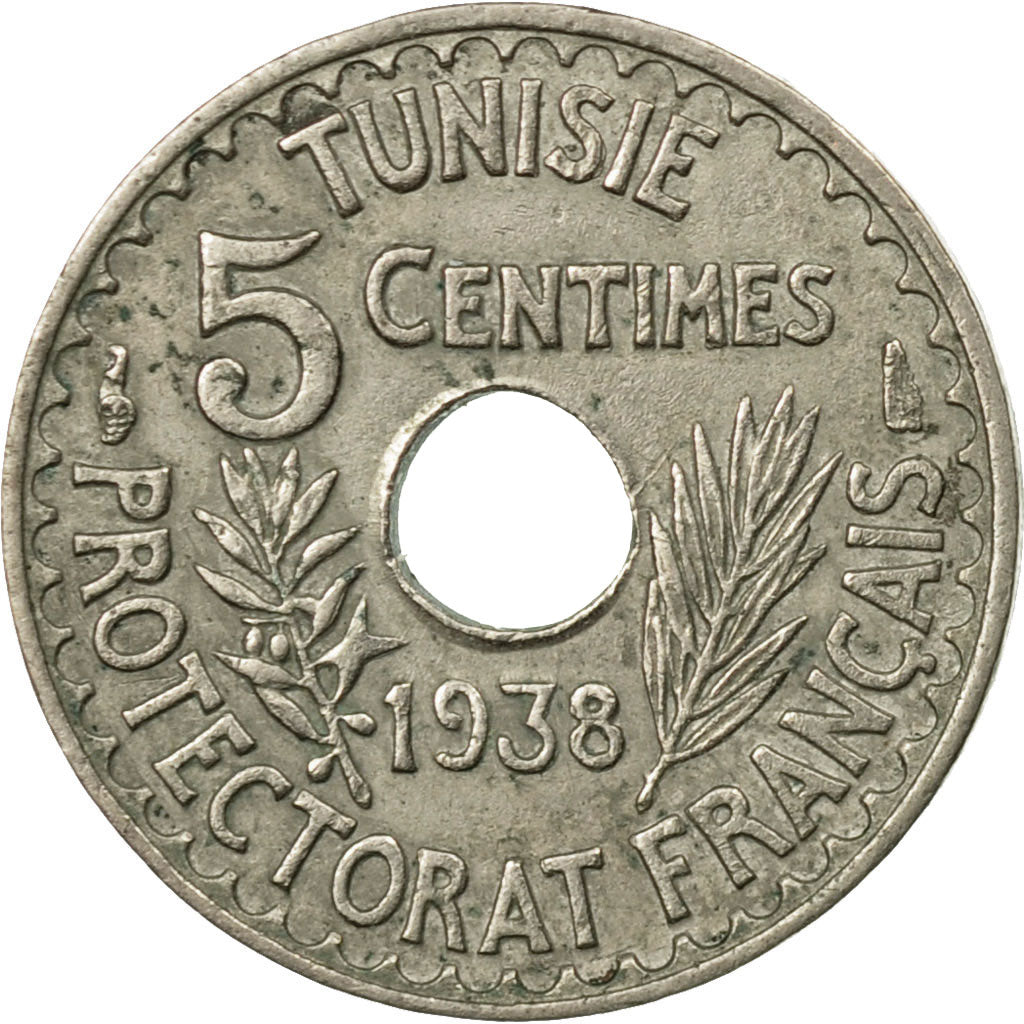 Moneta, Tunisia, Ahmad Pasha Bey, 5 Centimes, 1938, Paris, MB+, Nichel-bronzo