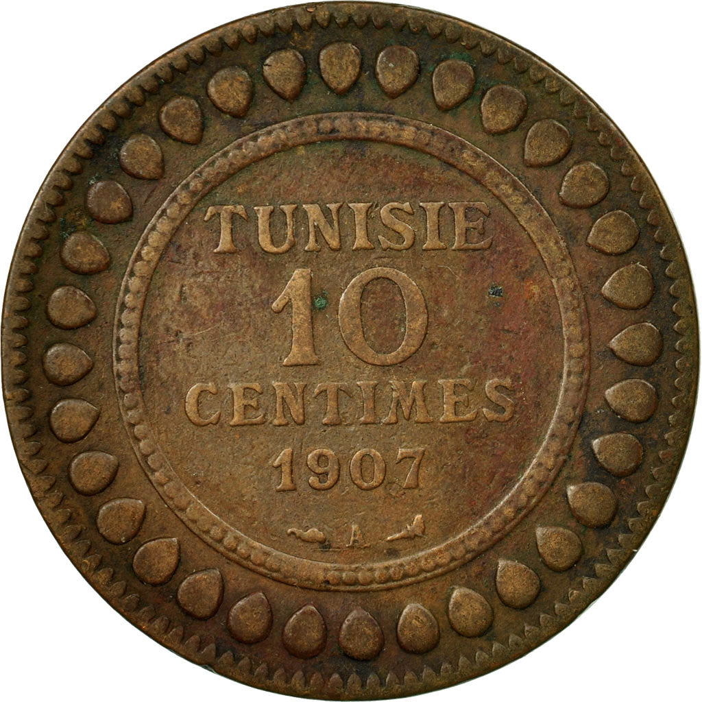 Moneta, Tunisia, Muhammad al-Nasir Bey, 10 Centimes, 1907, Paris, MB+, Bronzo