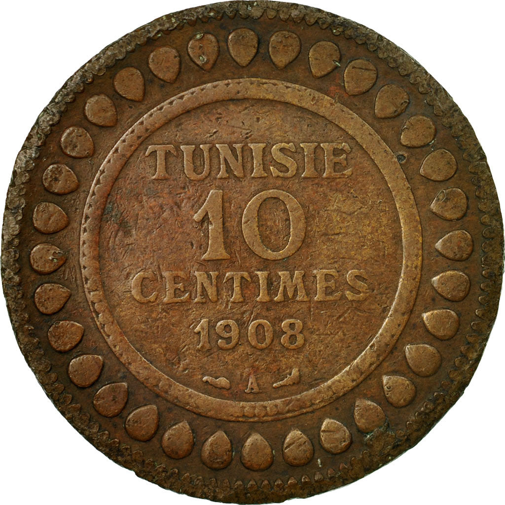 Coin, Tunisia, Muhammad al-Nasir Bey, 10 Centimes, 1908, Paris, VF(20-25)
