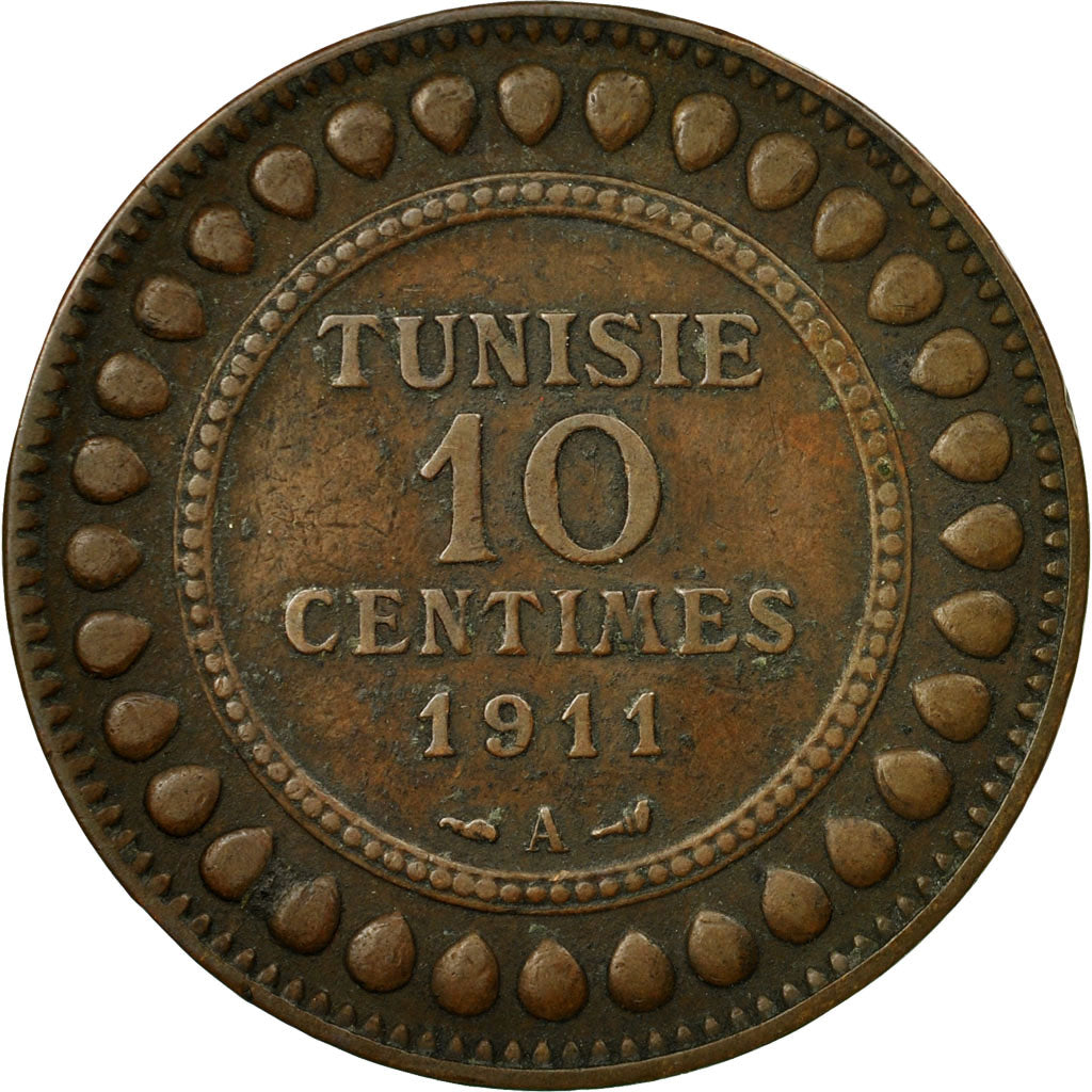 Coin, Tunisia, Muhammad al-Nasir Bey, 10 Centimes, 1911, Paris, VF(30-35)
